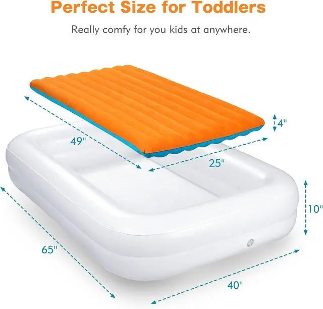 Alt view image 5 of 6 - Toddler Travel Bed [4-Side] | Reversible 2 Colors Kids Air Mattress | Inflatable Toddler Bed | Portable Kids Blow Up Travel Bed with Sides, Orange & Aquamarine