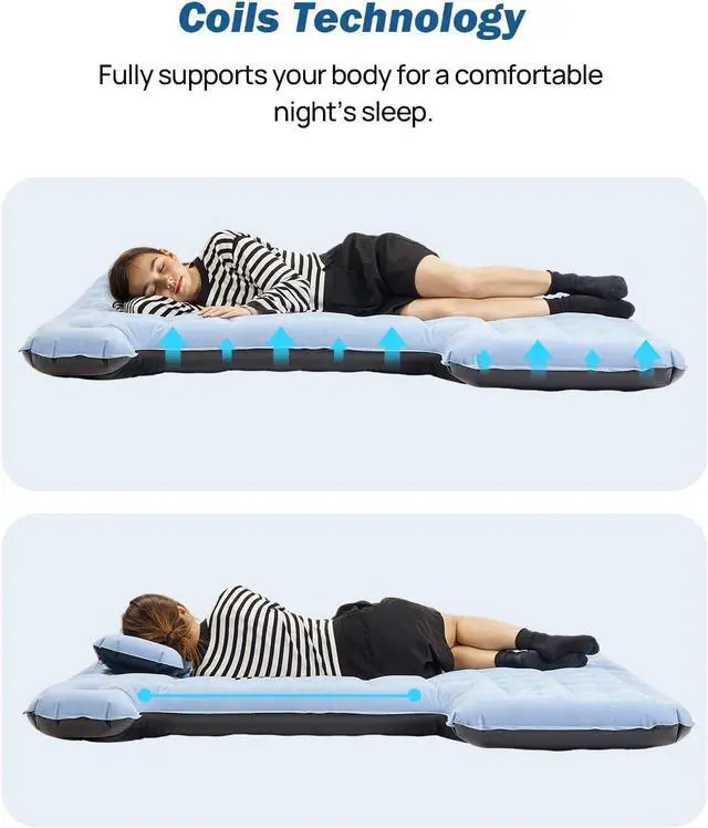 Alt view image 5 of 7 - Upgraded Light Version Truck Bed Air Mattress for Camping, Thicken Inflatable Mattress for 6.4-6.7Ft Full Size Regular Bed,with Built-in Cup Holder&2 Inflatable Pillow,Grey Blue