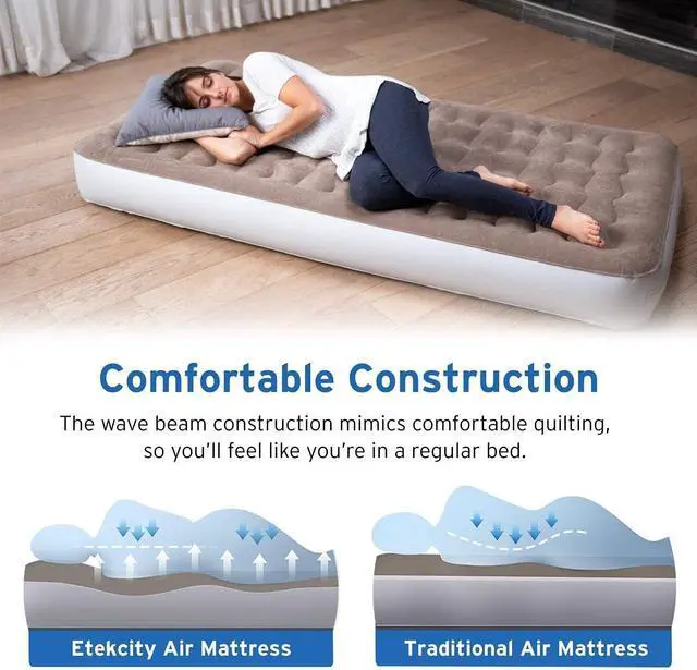 Alt view image 2 of 7 - Etekcity Air Mattress Upgraded Twin Size Camping Air Bed Blow Up Bed Inflatable Mattress Raised Airbed with Rechargeable Pump for Guest, Camping, Hiking, Height 9", Storage Bag, Brown
