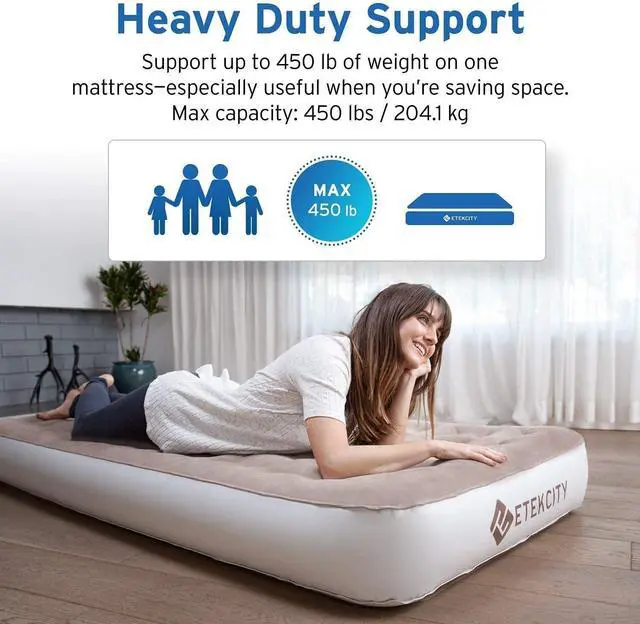 Alt view image 3 of 7 - Etekcity Air Mattress Upgraded Twin Size Camping Air Bed Blow Up Bed Inflatable Mattress Raised Airbed with Rechargeable Pump for Guest, Camping, Hiking, Height 9", Storage Bag, Brown