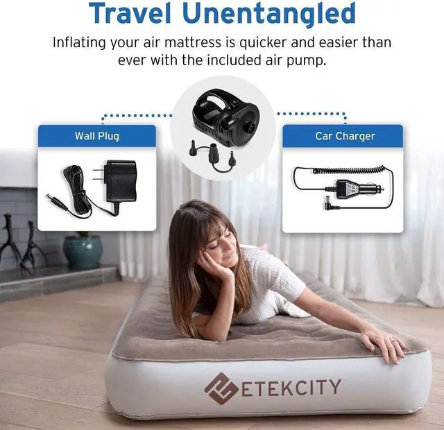 Alt view image 4 of 7 - Etekcity Air Mattress Upgraded Twin Size Camping Air Bed Blow Up Bed Inflatable Mattress Raised Airbed with Rechargeable Pump for Guest, Camping, Hiking, Height 9", Storage Bag, Brown