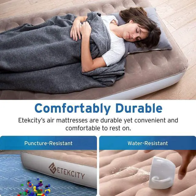 Alt view image 5 of 7 - Etekcity Air Mattress Upgraded Twin Size Camping Air Bed Blow Up Bed Inflatable Mattress Raised Airbed with Rechargeable Pump for Guest, Camping, Hiking, Height 9", Storage Bag, Brown