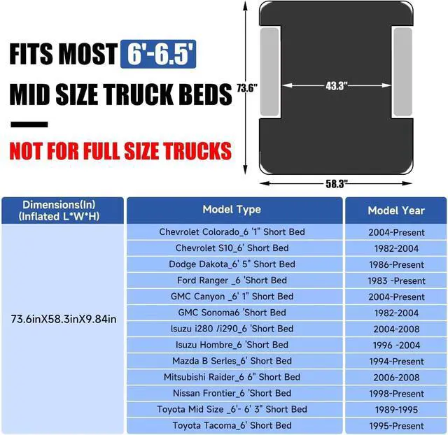 Alt view image 2 of 6 - 6-6.5ft Mid SizeTruck Bed Air Mattress for Short Beds, Inflatable Mattress with Pump for MidSize Pickup Bed Tent Camping, Pick Up Truck Sleeping Pad for Outdoor Travel
