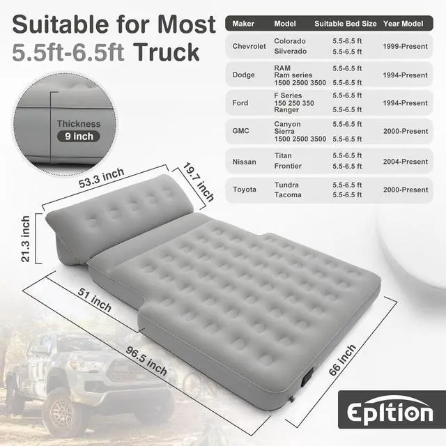 Alt view image 5 of 7 - Self-Inflating Truck Bed Air Mattress for 5.5-6.5 Ft with Built-in Pump- Adjustable Air Mattress Portable for Home,Tent,Camping & Guests, Trave - 800lb Weight Capacity