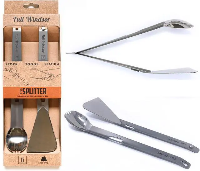Main image of - The Splitter Titanium Multi-Utensil Set  Compact, Lightweight Silver Spork, Tongs, Spatula & Ladle  Durable Cooking Kit for Camping, BBQ, Backpacking, Travel & Outdoor Adventures