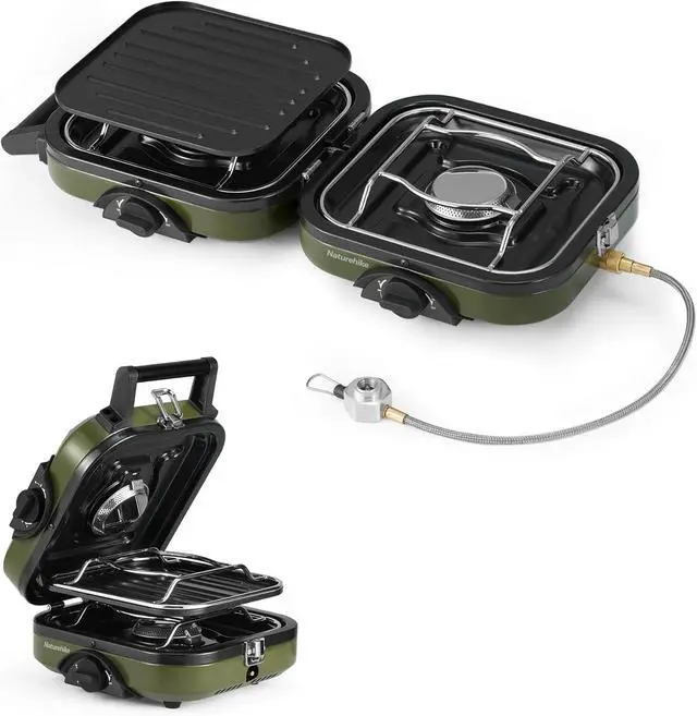Main image of 2 Burner Folding Camping Stove with Griddle, Portable Camp Isobutane Gas Stove with 16000 BTU Adjustable Burners & Piezo Ignition