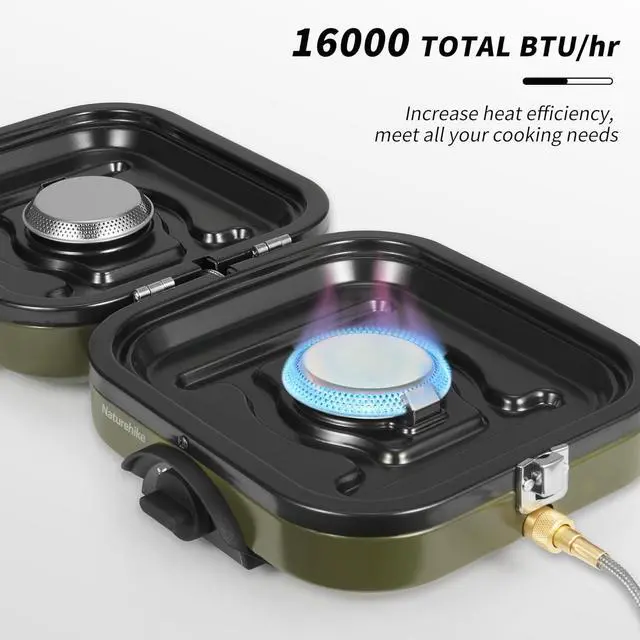 Alt view image 5 of 6 - 2 Burner Folding Camping Stove with Griddle, Portable Camp Isobutane Gas Stove with 16000 BTU Adjustable Burners & Piezo Ignition