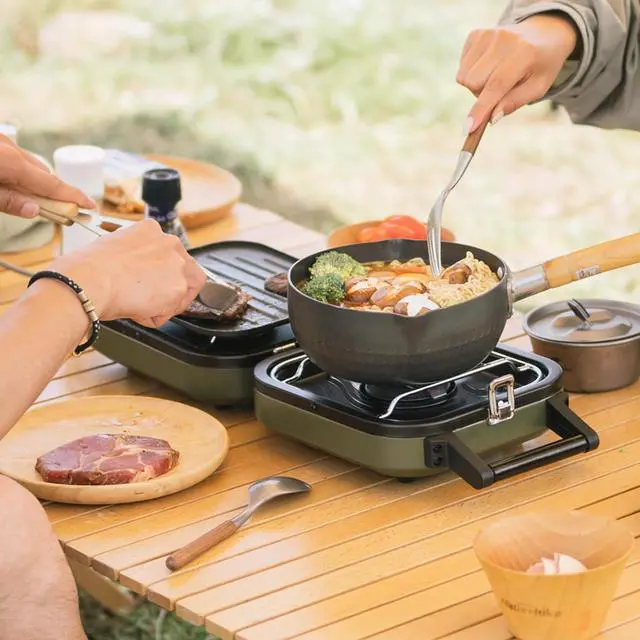 Alt view image 6 of 6 - 2 Burner Folding Camping Stove with Griddle, Portable Camp Isobutane Gas Stove with 16000 BTU Adjustable Burners & Piezo Ignition