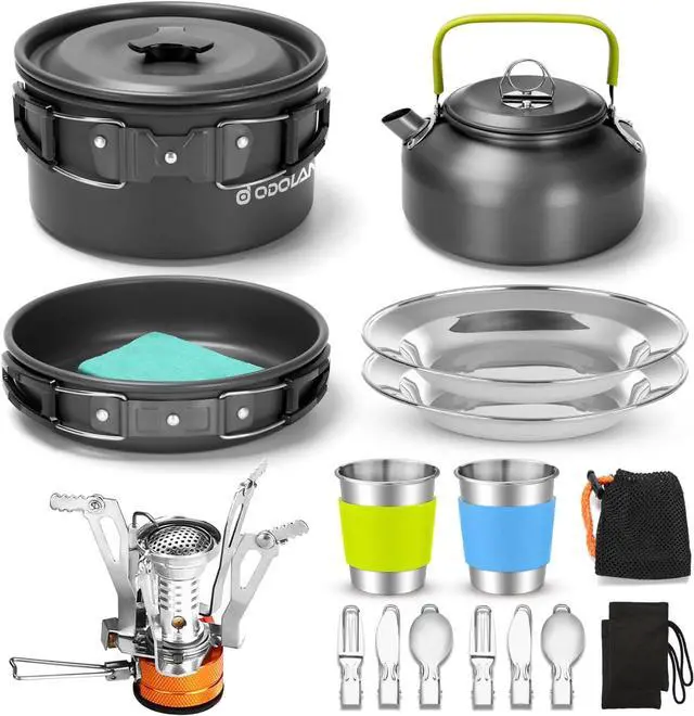 Main image of 16pcs Camping Cookware Set with Folding Camping Stove, Non-Stick Lightweight Pot Pan Kettle Set with Stainless Steel Cups Plates Forks Knives Spoons for Camping Backpacking Outdoor Picnic