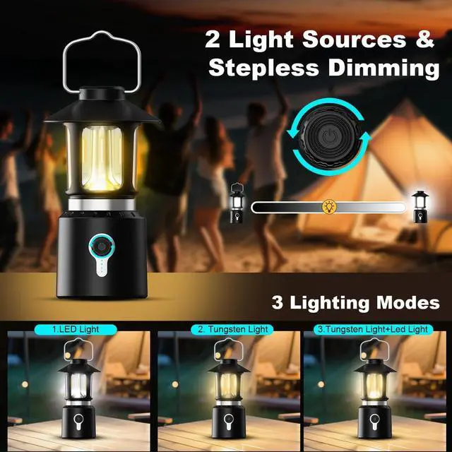 Alt view image 2 of 7 - Telescopic LED Camping Lantern, 8000mAh Battery Powered Vintage Camping Lights, 3 Light Modes,Stepless Dimming Tent Lights, Portable Emergency Light for Power Outages, Outdoor Work, Hurricane, Hiking