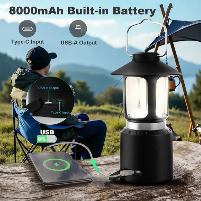 Alt view image 5 of 7 - Telescopic LED Camping Lantern, 8000mAh Battery Powered Vintage Camping Lights, 3 Light Modes,Stepless Dimming Tent Lights, Portable Emergency Light for Power Outages, Outdoor Work, Hurricane, Hiking