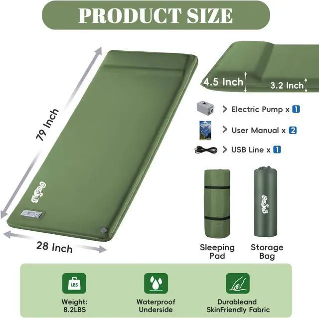 Alt view image 2 of 7 - Camping Sleeping Pad Self Inflating Sleeping Pad with Electric Pump, 3.2" Ultra-Thick Memory Foam Sleeping Mat with Pillow, Camping Mattress Compact for Backpacking Hiking Traveling