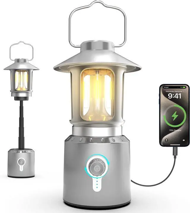 Main image of Rechargeable Camping Lantern 8000mAh, Telescoping Lighting Camping Light, 3 Light Modes Hanging Vintage Lantern, Portable Waterproof Tent Light for Hiking, Power Outages, Emergency (Silver)