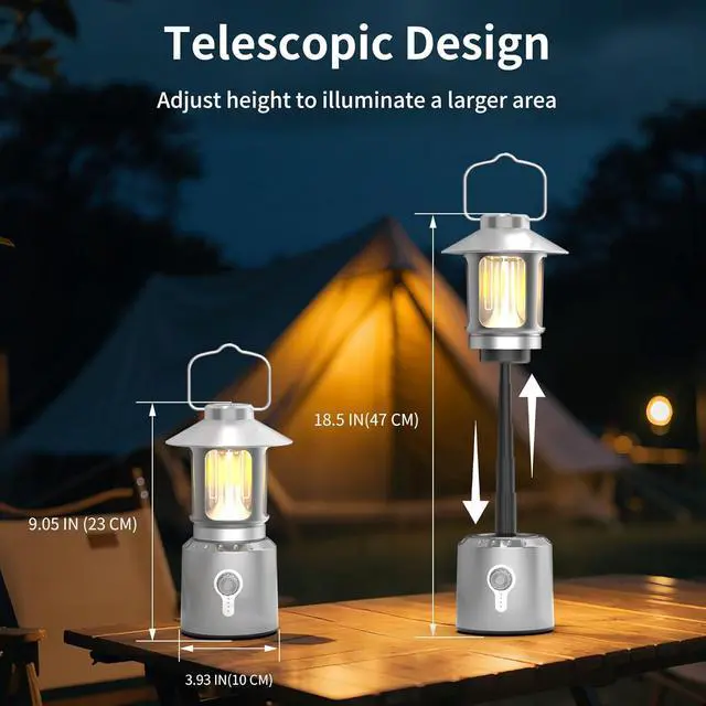 Alt view image 2 of 7 - Rechargeable Camping Lantern 8000mAh, Telescoping Lighting Camping Light, 3 Light Modes Hanging Vintage Lantern, Portable Waterproof Tent Light for Hiking, Power Outages, Emergency (Silver)