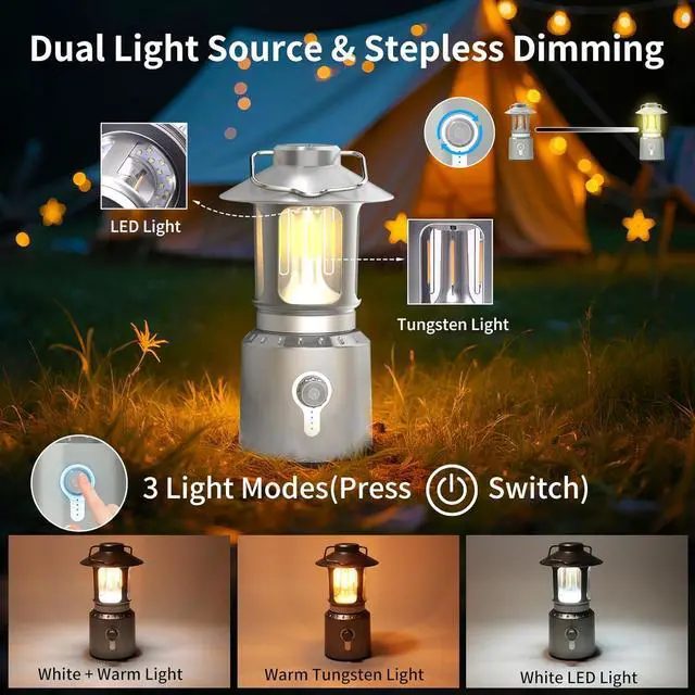 Alt view image 3 of 7 - Rechargeable Camping Lantern 8000mAh, Telescoping Lighting Camping Light, 3 Light Modes Hanging Vintage Lantern, Portable Waterproof Tent Light for Hiking, Power Outages, Emergency (Silver)