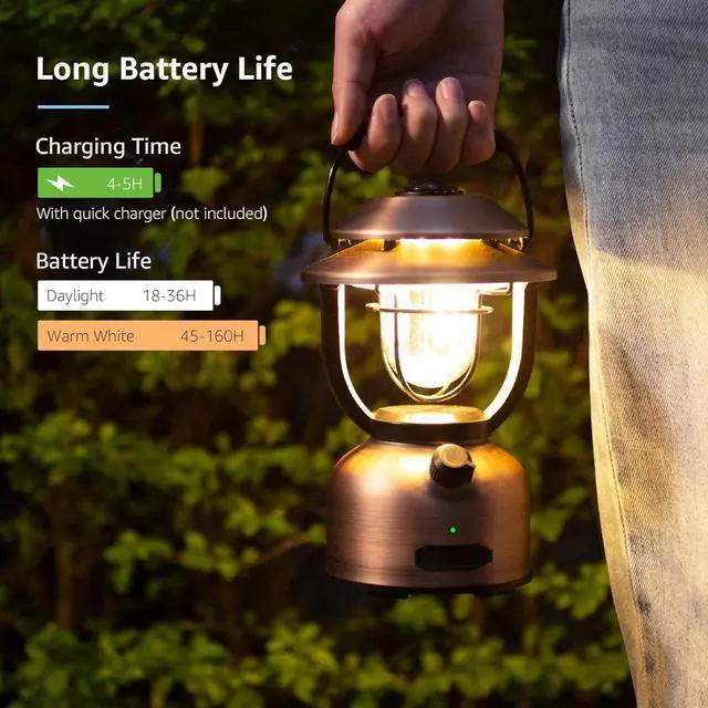 Alt view image 2 of 7 - Retro Classic LED Camping Lantern, High Lumens, Daylight White 2500K and 5000K, Dimmable, USB Rechargeable, Waterproof for Camping, Vintage Decoration and Emergency (USB Charging Cable Included)