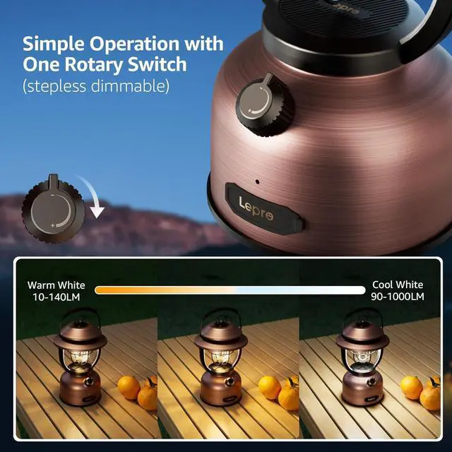 Alt view image 3 of 7 - Retro Classic LED Camping Lantern, High Lumens, Daylight White 2500K and 5000K, Dimmable, USB Rechargeable, Waterproof for Camping, Vintage Decoration and Emergency (USB Charging Cable Included)