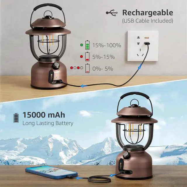 Alt view image 5 of 7 - Retro Classic LED Camping Lantern, High Lumens, Daylight White 2500K and 5000K, Dimmable, USB Rechargeable, Waterproof for Camping, Vintage Decoration and Emergency (USB Charging Cable Included)