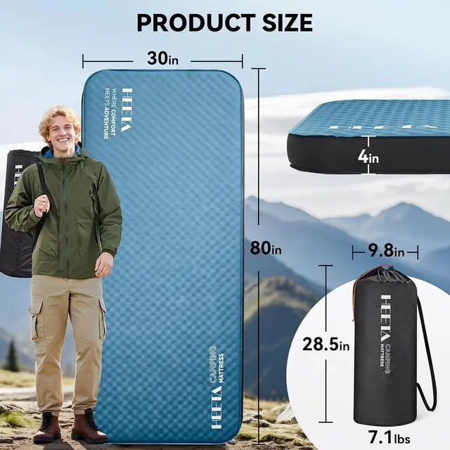 Alt view image 3 of 7 - Self Inflating Sleeping Pad with Electric Pump, 4" Ultra Thick Memory Foam Camping Mattress, 9.5 R-Value Insulated Sleeping Mat, Easy to Inflate & Deflate for Camping Car Travel Tent Cot Bed