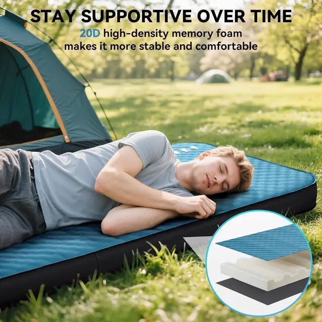 Alt view image 5 of 7 - Self Inflating Sleeping Pad with Electric Pump, 4" Ultra Thick Memory Foam Camping Mattress, 9.5 R-Value Insulated Sleeping Mat, Easy to Inflate & Deflate for Camping Car Travel Tent Cot Bed