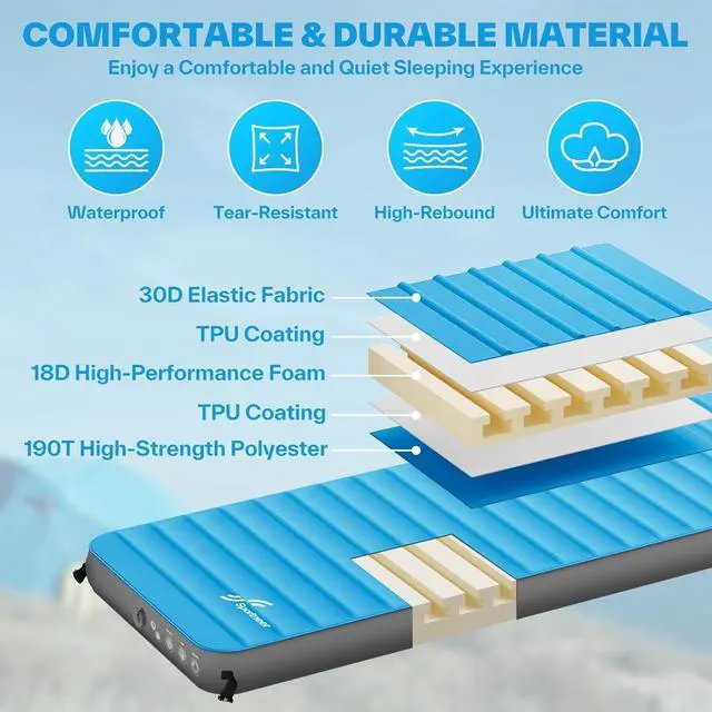 Alt view image 2 of 7 - Sleeping Pad for Camping: 4" Ultra-Thick Air & Foam Camping Mattress with 10 R Value, 4-Season Large Size 78" x 30" Self-Inflating Sleeping Pad for Camp/Travel/Car/Tent, Easy to Inflate