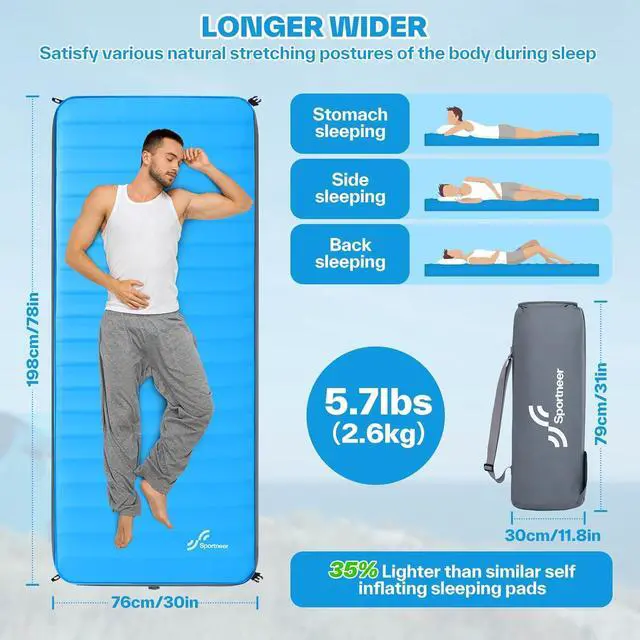 Alt view image 3 of 7 - Sleeping Pad for Camping: 4" Ultra-Thick Air & Foam Camping Mattress with 10 R Value, 4-Season Large Size 78" x 30" Self-Inflating Sleeping Pad for Camp/Travel/Car/Tent, Easy to Inflate