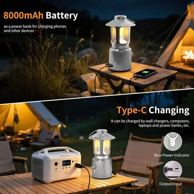 Alt view image 4 of 7 - Rechargeable Camping Lantern 8000mAh, Telescoping Lighting Camping Light, 3 Light Modes Hanging Vintage Lantern, Portable Waterproof Tent Light for Hiking, Power Outages, Emergency (Silver)