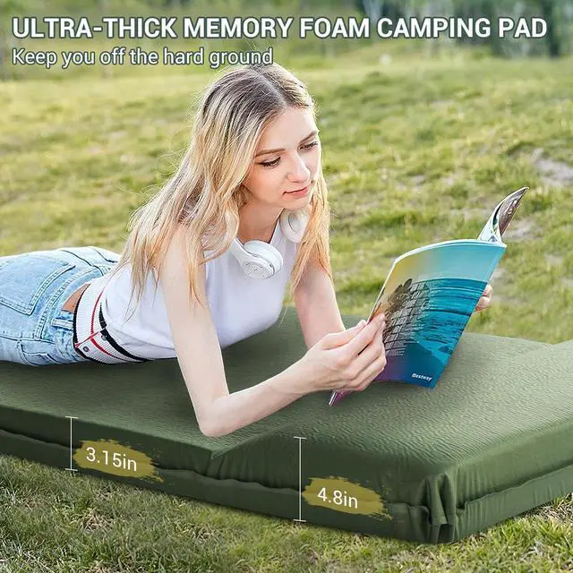 Alt view image 3 of 7 - Self Inflating Sleeping Pad, 3.15" Ultra-Thick Memory Foam Camping Pad with Pillow Fast Inflating in 20s Insulated Camping Mattress Pad 4-Season Camp Sleeping Mat for Camp/Travel/Car/Tent
