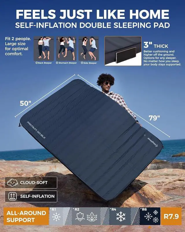 Alt view image 2 of 7 - Self Inflating Sleeping Pad, R 7.1/7.9 Dual Sided Air & Foam Camping Mattress 2 Person for All Seasons, 3" Thick Full Size Double Sleeping Pad for Camp Tent Outdoor Car, PVC Free