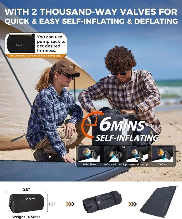 Alt view image 5 of 7 - Self Inflating Sleeping Pad, R 7.1/7.9 Dual Sided Air & Foam Camping Mattress 2 Person for All Seasons, 3" Thick Full Size Double Sleeping Pad for Camp Tent Outdoor Car, PVC Free