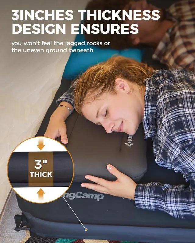 Alt view image 6 of 7 - Self Inflating Sleeping Pad, R 7.1/7.9 Dual Sided Air & Foam Camping Mattress 2 Person for All Seasons, 3" Thick Full Size Double Sleeping Pad for Camp Tent Outdoor Car, PVC Free