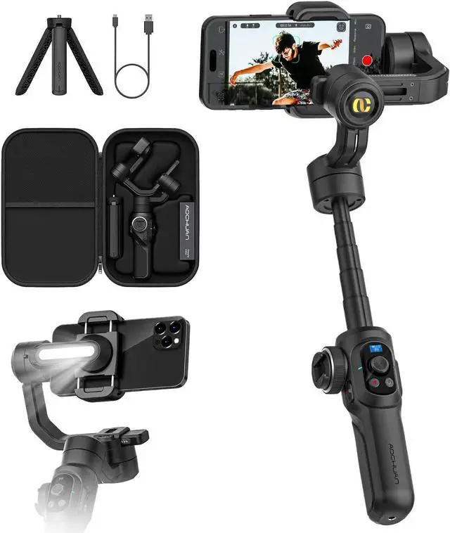 Main image of Professional Gimbal Stabilizer for Smartphone,Built-in 18CM Extension Rod and Powerful Fill Light,360°Inception,Face&Object Tracking Stabilizer,3-Axis iPhone& Android-Smart S2