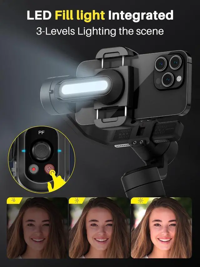 Alt view image 4 of 7 - Professional Gimbal Stabilizer for Smartphone,Built-in 18CM Extension Rod and Powerful Fill Light,360°Inception,Face&Object Tracking Stabilizer,3-Axis iPhone& Android-Smart S2