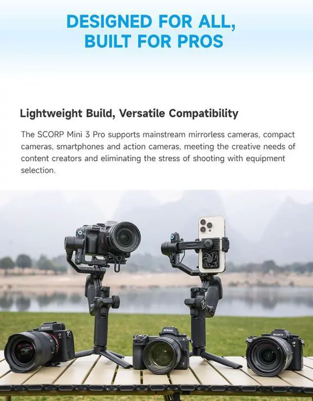 Alt view image 2 of 7 - SCORP Mini-3-Pro Gimbal Stabilizer for Camera Mirrorless/Compact/Action Cameras,Smartphone,18m AI Tracking,Detachable Remote Handle,4.4lbs Payload,3-axis Gimbal for Canon Sony Nikon
