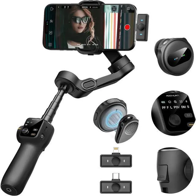 Main image of Gimbal Stabilizer for iPhone & Android,3-Axis Phone w/Wireless Lavalier Microphone,Built-in 7.8" Extension Pole,OLED Display,Phone Video Recording TikTok(V8 Mic Kit)