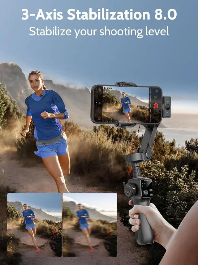 Alt view image 2 of 7 - Gimbal Stabilizer for iPhone & Android,3-Axis Phone w/Wireless Lavalier Microphone,Built-in 7.8" Extension Pole,OLED Display,Phone Video Recording TikTok(V8 Mic Kit)