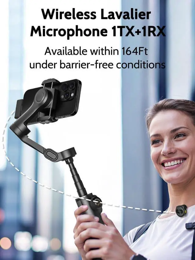 Alt view image 3 of 7 - Gimbal Stabilizer for iPhone & Android,3-Axis Phone w/Wireless Lavalier Microphone,Built-in 7.8" Extension Pole,OLED Display,Phone Video Recording TikTok(V8 Mic Kit)