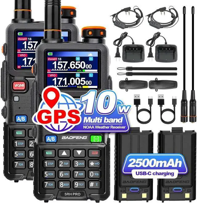 Main image of 5RH PRO GPS 10W Tri Band Ham Radio Long Range Handheld Two Way Radio,640CH,NOAA Weather Receiver,Walkie Talkies with Earpiece,USB-C Rechargeable 2500mAh Battery,Upgrade of  5RM,2 Pack