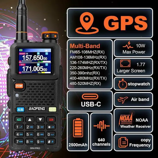 Alt view image 2 of 7 - 5RH PRO GPS 10W Tri Band Ham Radio Long Range Handheld Two Way Radio,640CH,NOAA Weather Receiver,Walkie Talkies with Earpiece,USB-C Rechargeable 2500mAh Battery,Upgrade of  5RM,2 Pack