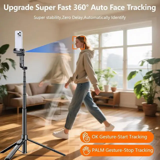 Alt view image 2 of 7 - 78.7" Selfie Stick Tripod for iPhone/Android, Auto Face Tracking Tripods with Light, Upgrade Strong Gimbal Stabilizer 360 Rotation with Remote for Content Creator Vlog Live StreamIing Video Record