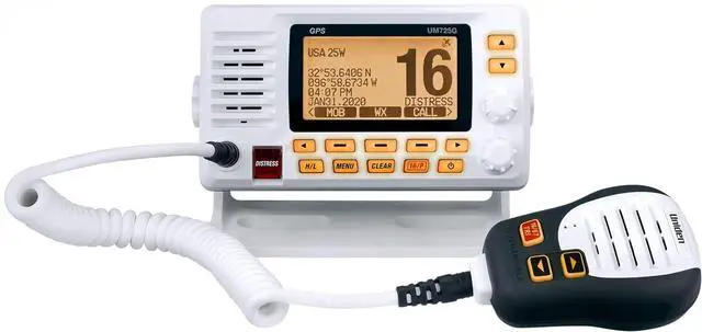 Main image of UM725G Marine VHF Radio, All USA, Canada, and Intl. Marine Channels, 1Watt/25Watt Transmit Power, Largest LCD Screen in Class, NOAA Weather Channels w/Alerts, Speaker Mic, GPS Built-in.