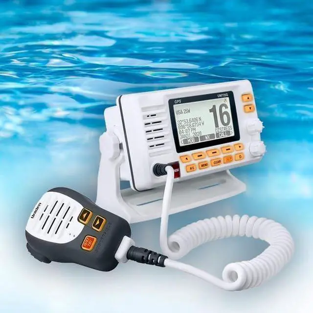 Alt view image 6 of 6 - UM725G Marine VHF Radio, All USA, Canada, and Intl. Marine Channels, 1Watt/25Watt Transmit Power, Largest LCD Screen in Class, NOAA Weather Channels w/Alerts, Speaker Mic, GPS Built-in.