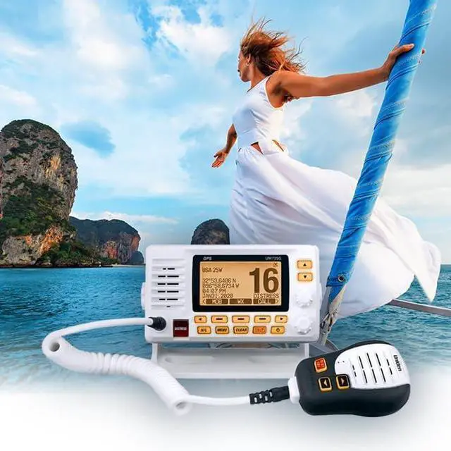 Alt view image 4 of 6 - UM725G Marine VHF Radio, All USA, Canada, and Intl. Marine Channels, 1Watt/25Watt Transmit Power, Largest LCD Screen in Class, NOAA Weather Channels w/Alerts, Speaker Mic, GPS Built-in.