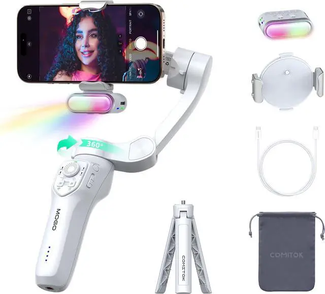 Main image of Only for iPhone, MOGO [Apple MFi Certified] Gimbal Stabilizer with Phone Clamp & RGB Light, Video Gimbal Stabilizer Allows Select Tracking Subject, Gaze-Tracking for iPhone 16 15 Pro Max