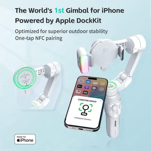 Alt view image 2 of 7 - Only for iPhone, MOGO [Apple MFi Certified] Gimbal Stabilizer with Phone Clamp & RGB Light, Video Gimbal Stabilizer Allows Select Tracking Subject, Gaze-Tracking for iPhone 16 15 Pro Max