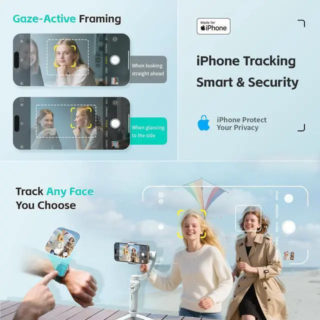 Alt view image 3 of 7 - Only for iPhone, MOGO [Apple MFi Certified] Gimbal Stabilizer with Phone Clamp & RGB Light, Video Gimbal Stabilizer Allows Select Tracking Subject, Gaze-Tracking for iPhone 16 15 Pro Max