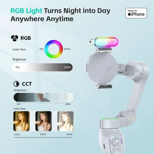 Alt view image 4 of 7 - Only for iPhone, MOGO [Apple MFi Certified] Gimbal Stabilizer with Phone Clamp & RGB Light, Video Gimbal Stabilizer Allows Select Tracking Subject, Gaze-Tracking for iPhone 16 15 Pro Max