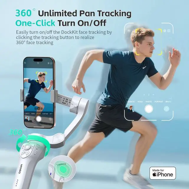 Alt view image 6 of 7 - Only for iPhone, MOGO [Apple MFi Certified] Gimbal Stabilizer with Phone Clamp & RGB Light, Video Gimbal Stabilizer Allows Select Tracking Subject, Gaze-Tracking for iPhone 16 15 Pro Max