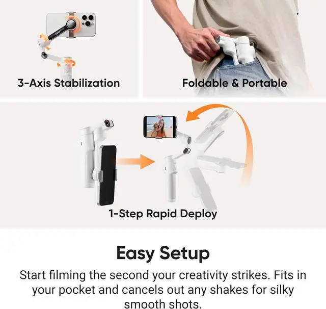 Alt view image 4 of 7 - Flow 2 Pro Grey - Foldable AI Phone Gimbal, Track in 200+ Apps with Apple DockKit, Multi-Person Tracking, 360º Pan Tracking, Built-in Tripod/Selfie Stick, iPhone/Android Portable Stabilizer