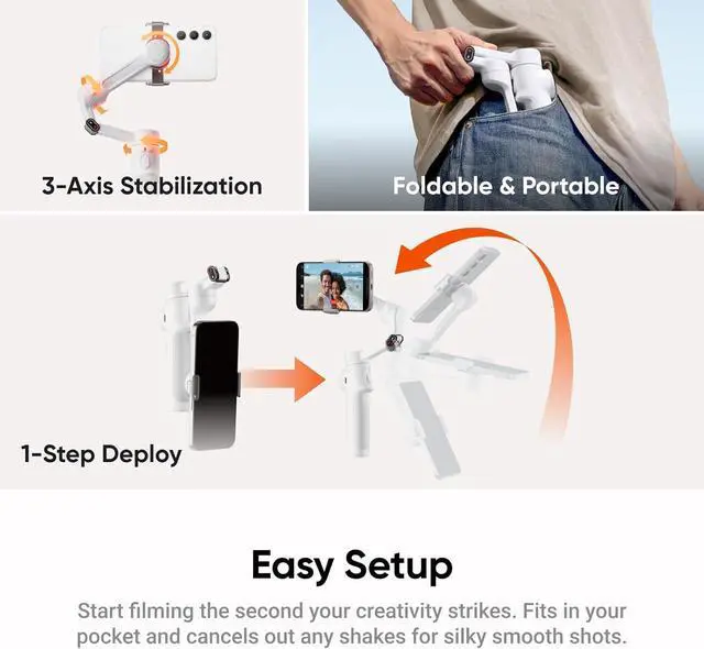 Alt view image 5 of 7 - Flow 2 White - Foldable AI Phone Gimbal, AI Tracking, Multi-Person Tracking, Built-in Tripod/Selfie Stick, Remote Control, iPhone/Android Portable Stabilizer
